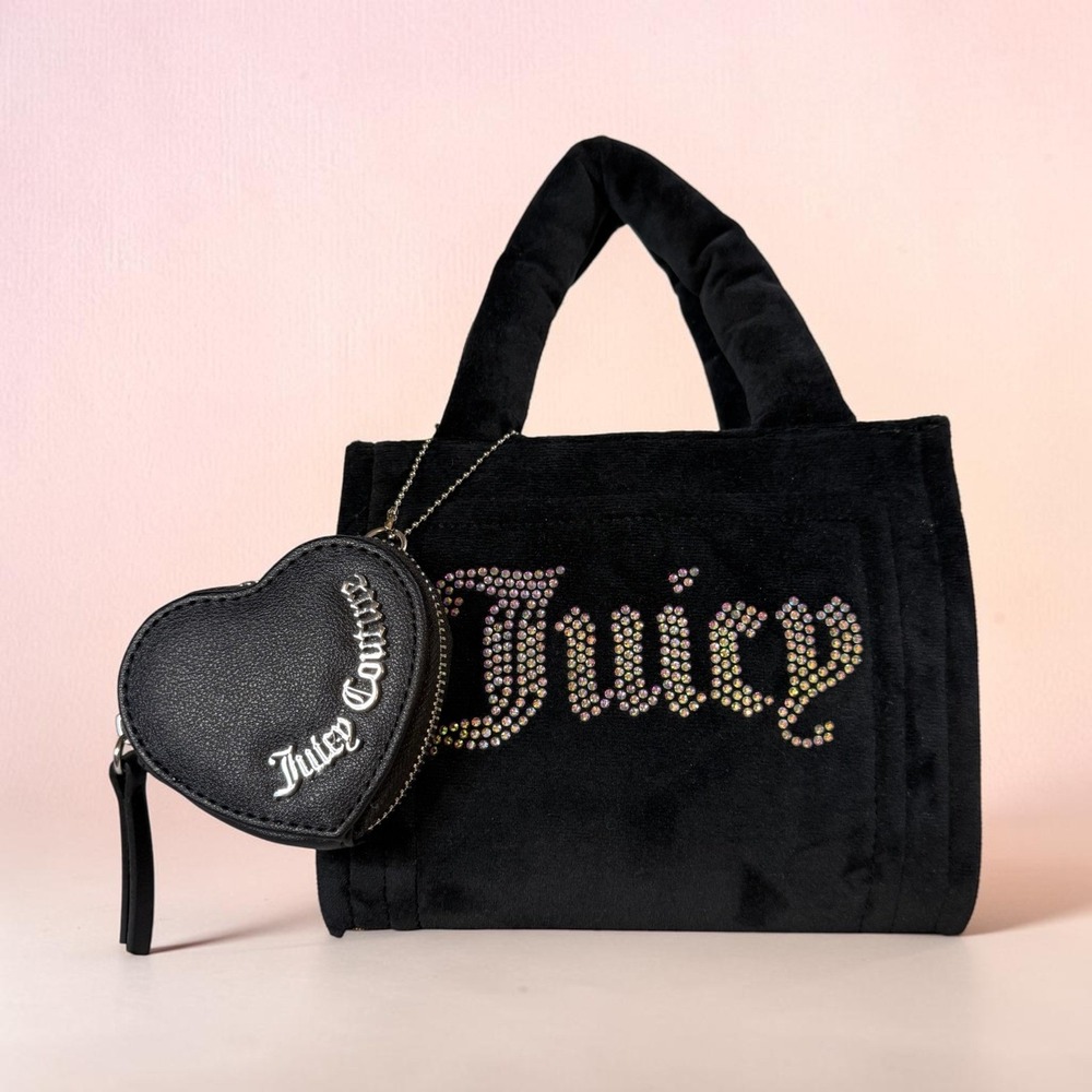 Juicy Couture Black Velvet Mini Tote Rhinestone Logo Heart Coin Purse